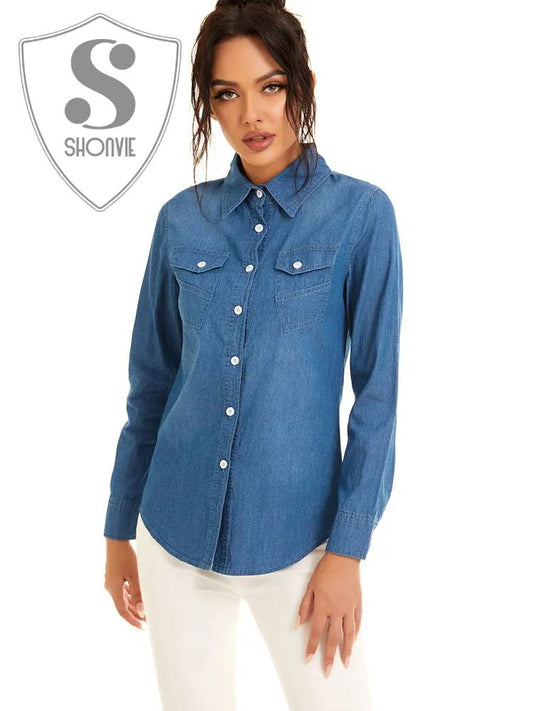 Camisa Mujer Denim Larga Slim