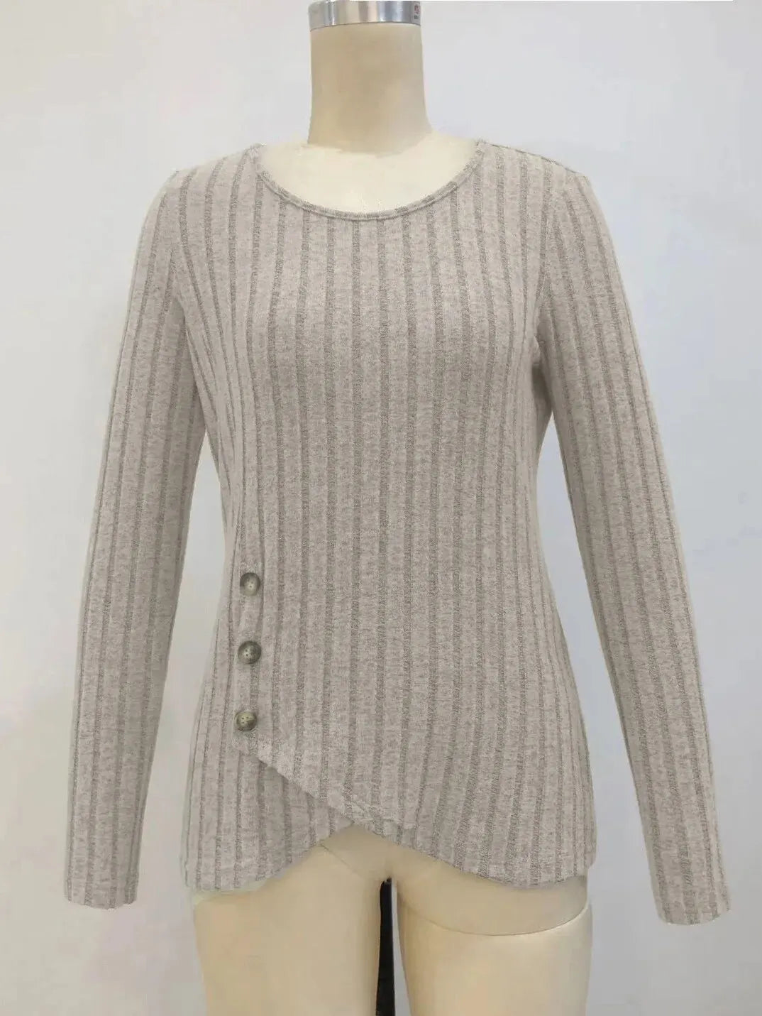 Suéter Mujer Gris Manga Larga Otoño Botones